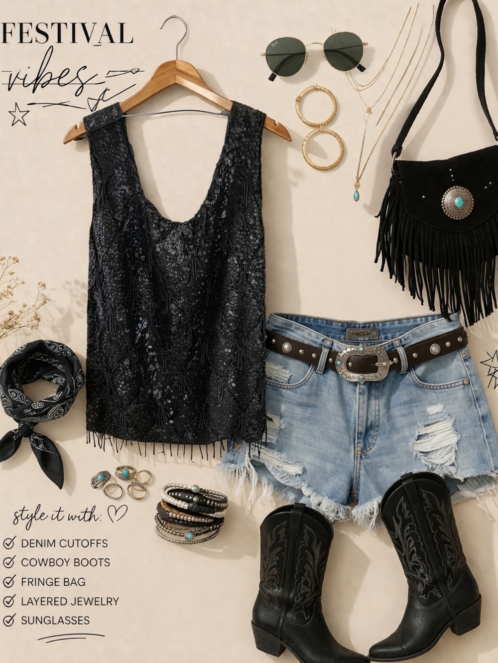 Vintage Black Sequin Beaded Tank Top – Statement Party / Festival Top ✨